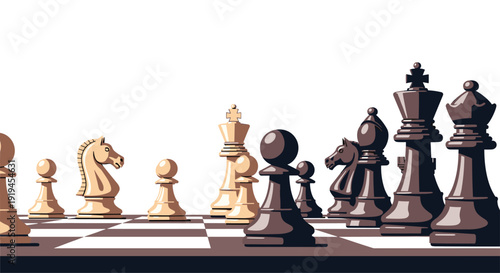 A detailed, pixel-art style illustration of a chessboard with numerous white and dark chess pieces arranged in a strategic formation, ready for a game.