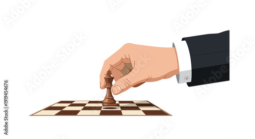 A human hand in a business suit sleeve carefully moving a brown king chess piece on a small, isolated chessboard against a clean white background.