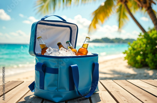 Blue cooler bag filled with ice and beer bottles on a wooden deck. Tropical beach background with palm trees. Summer vacation concept