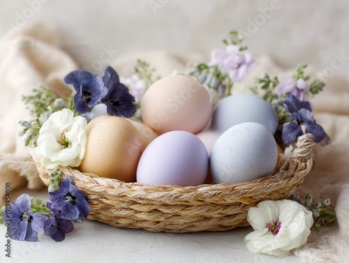 Pastel Easter Eggs in Rustic Woven Basket with Spring Flowers – Soft Natural Holiday Still Life