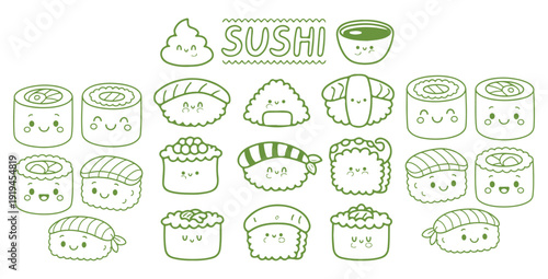 Collection of cute kawaii style sushi icons featuring various delicious maki rolls nigiri and decorative elements for graphic design projects