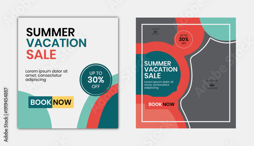 Two colorful summer vacation sale flyer templates with editable empty space for customization on a white background