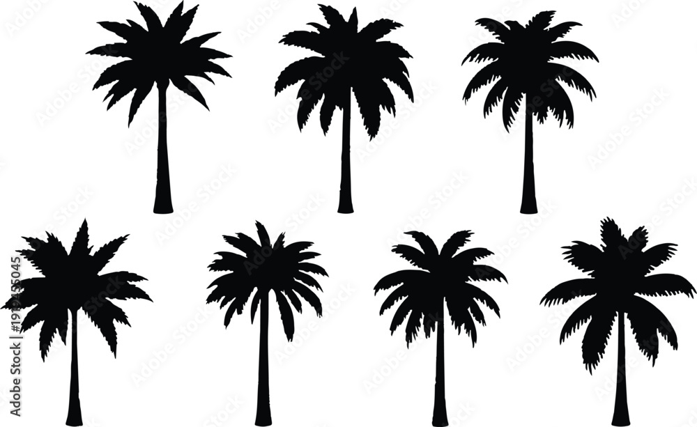 Naklejka premium Seven black silhouettes of palm trees on white background