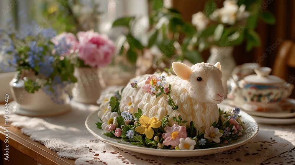 Fototapeta premium Traditional easter lamb shaped cake decorated with pastel colors and edible flowers on a charming dessert table. Delicate lighting brings out the sweetness and celebration of spring festivities.