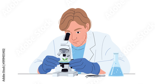 A focused scientist in a white lab coat and blue gloves carefully examining a small green plant sample using a microscope, with a beaker nearby.
