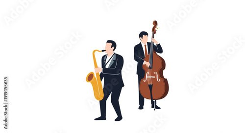 Two male musicians, one playing a golden saxophone and the other standing with an upright bass, are featured on a minimalist white background.