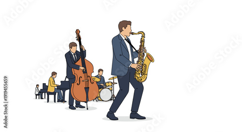 A jazz band performs with a saxophonist in the foreground, an upright bassist, a pianist, and a drummer, all playing on a white background.