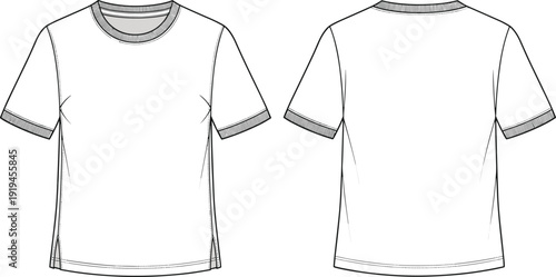 Side slit t-shirt mockup front and back view, short sleeve casual apparel template isolated on gray background vector illustration