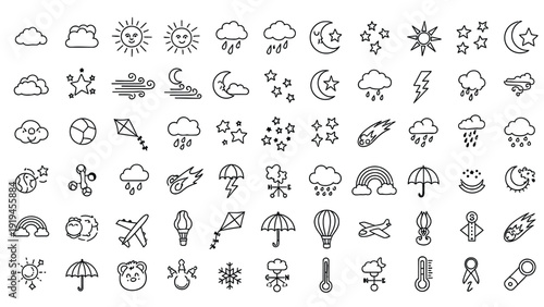 Collection of outline weather icons featuring sun, moon, clouds, rain, snow, lightning, and other meteorological symbols.