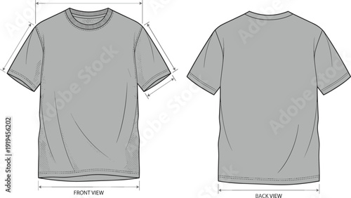 T shirt size measurement mockup front and back view, apparel dimension guide template, technical clothing outline illustration