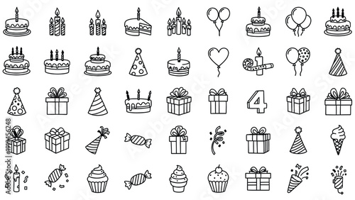 A collection of black and white line art icons depicting various birthday and celebration elements like cakes, candles, gifts, balloons, and party hats.