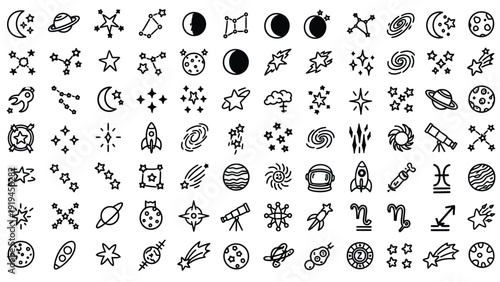 A comprehensive collection of line art icons depicting various space, astronomy, and celestial objects, including planets, stars, rockets, and galaxies.