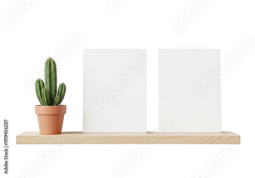 Cactus plant on a wooden shelf with two blank white boards isolated on transparent background