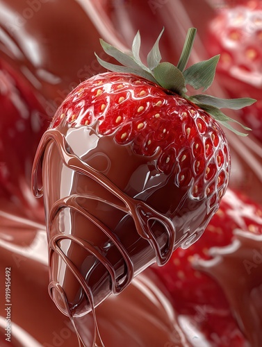 Macro Strawberry Dipped in Glossy Melted Chocolate with Dripping Swirls