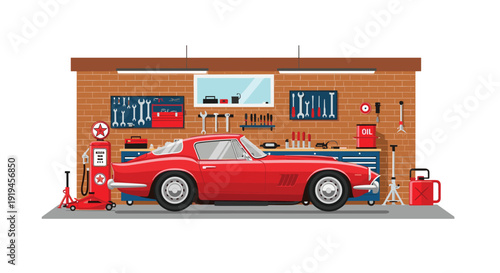 A striking red vintage sports car is perfectly parked within a rustic garage featuring brick walls, a classic gas pump, and tools.