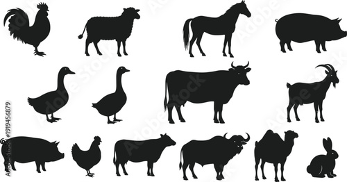 Black silhouette farm animals illustration featuring rooster sheep horse pig cow goat buffalo camel rabbit vector design perfect for agriculture posters logos and digital art