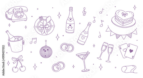 Hand drawn coquette wedding elements. Vintage cute symbols with ribbon and bow in simple crayon sketch style