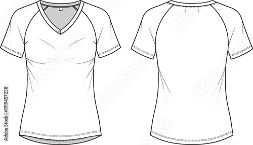 Women V neck t-shirt mockup front and back view, short sleeve fitted apparel template isolated on gray background vector illustration