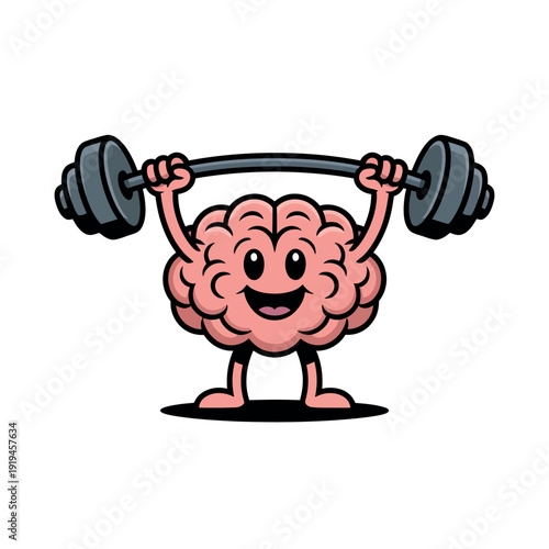 Happy cartoon brain character lifts heavy barbell weights above its head with enthusiasm.