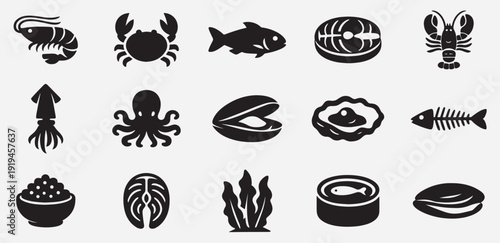 Seafood Icons Collection: Shrimp Crab Fish Lobster Squid Octopus Oysters Mussels Caviar Seaweed and Fishbone