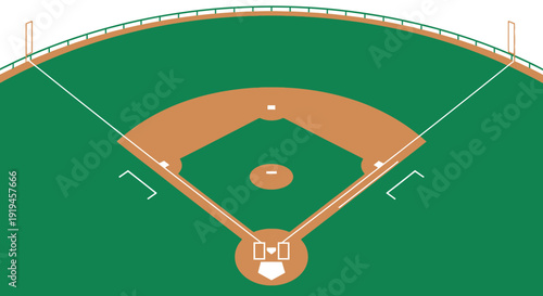 An aerial view of a green baseball field with brown infield, showing the diamond, bases, and pitcher's mound.