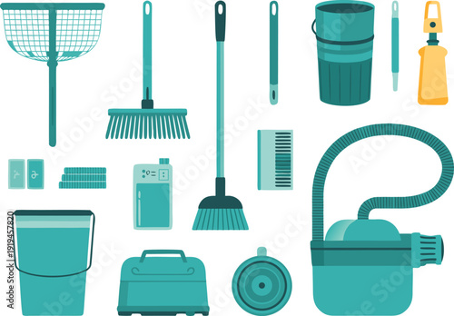 Set of vector cleaning tools and supplies isolated on transparent bg