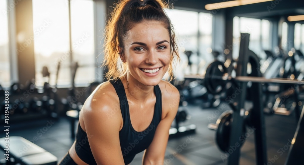 Fototapeta premium Smiling Young Athletic Woman Resting in Modern Fitness Gym