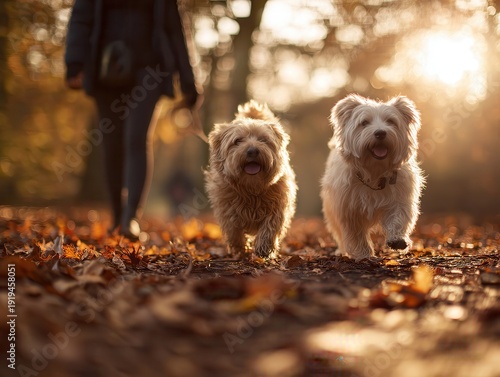 Two Happy Small Dogs Walking on Autumn Leaves at Golden Sunset in Park