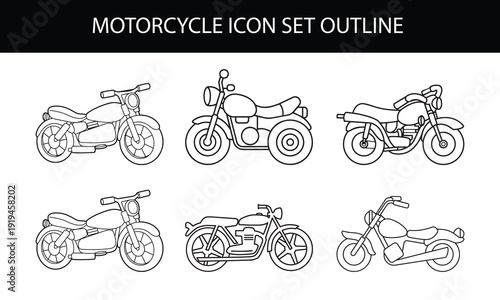 Motorcycle icon set in flat and outline styles with scooter, chopper, cruiser and sport bike silhouette symbols, modern transportation vehicle vectors designs for automotive and motorbike concepts.