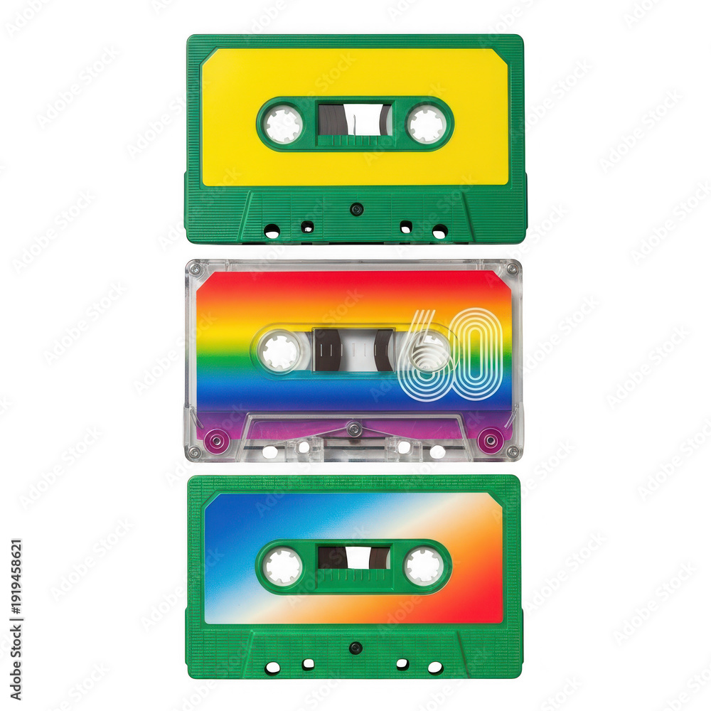 Obraz premium Collection of colorful cassette tapes isolated on transparent background