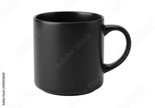 Black coffee mug with handle on the right side isolated on transparent background