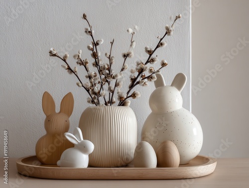 Modern Scandinavian Easter Decor with Neutral Bunny Figurines and Minimalist Vase