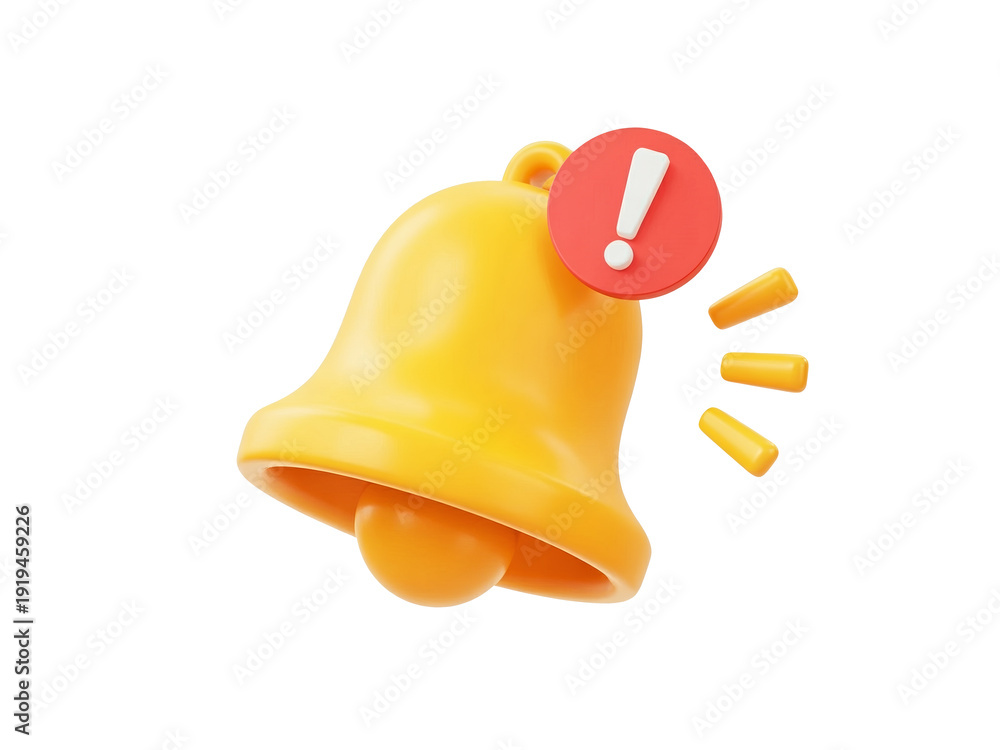 Fototapeta premium A 3D render of a yellow notification bell with a red exclamation mark icon and motion lines representing a loud alert signal or urgent message