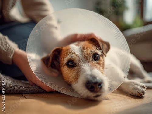 Jack Russell Terrier Wearing Protective Recovery Cone Resting at Home After Surgery