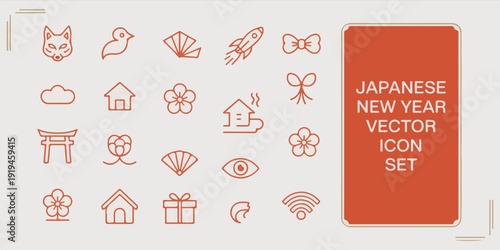 Japanese New Year Vector Icon Set With Fox Bird Rocket And Traditional Symbols fox mask