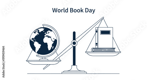 World Book Day icon, balance with globe and e-reader on scales, symbolizing knowledge and literature.