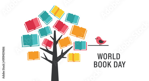 World Book Day icon with tree and books, colorful flat design. Includes book tree, reading day symbol. Created in flat style with bright color palette.