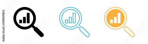 Magnifying glass icons with bar charts in black blue and orange