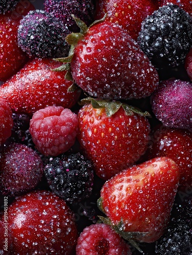 Fresh Strawberries Raspberries and Blackberries with Sparkling Sugar Crystals Close Up