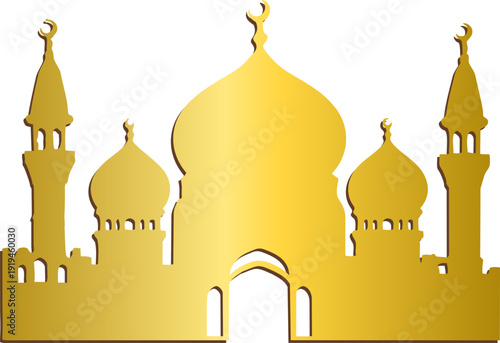 A stylized golden mosque silhouette with domes and minarets on a black background, featuring subtle shading for a bold Islamic architectural design.