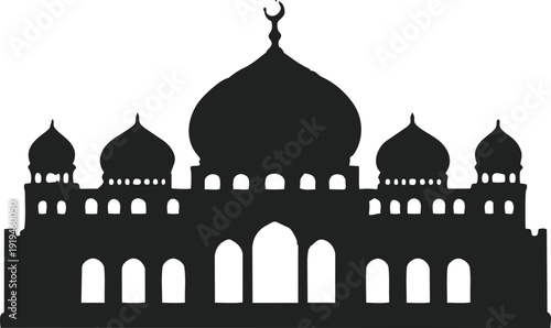 A dark silhouette of a grand mosque with multiple domes and arches against , forming a minimal Islamic architectural design.