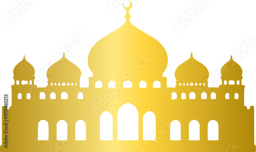 A golden silhouette of a grand mosque with multiple domes and arches against a black background, forming a bold Islamic architectural design.