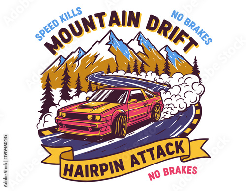 Mountain drift car design. Speed racing poster design. Hairpin attack graphic print. Extreme racing. Car print design for apparel.
