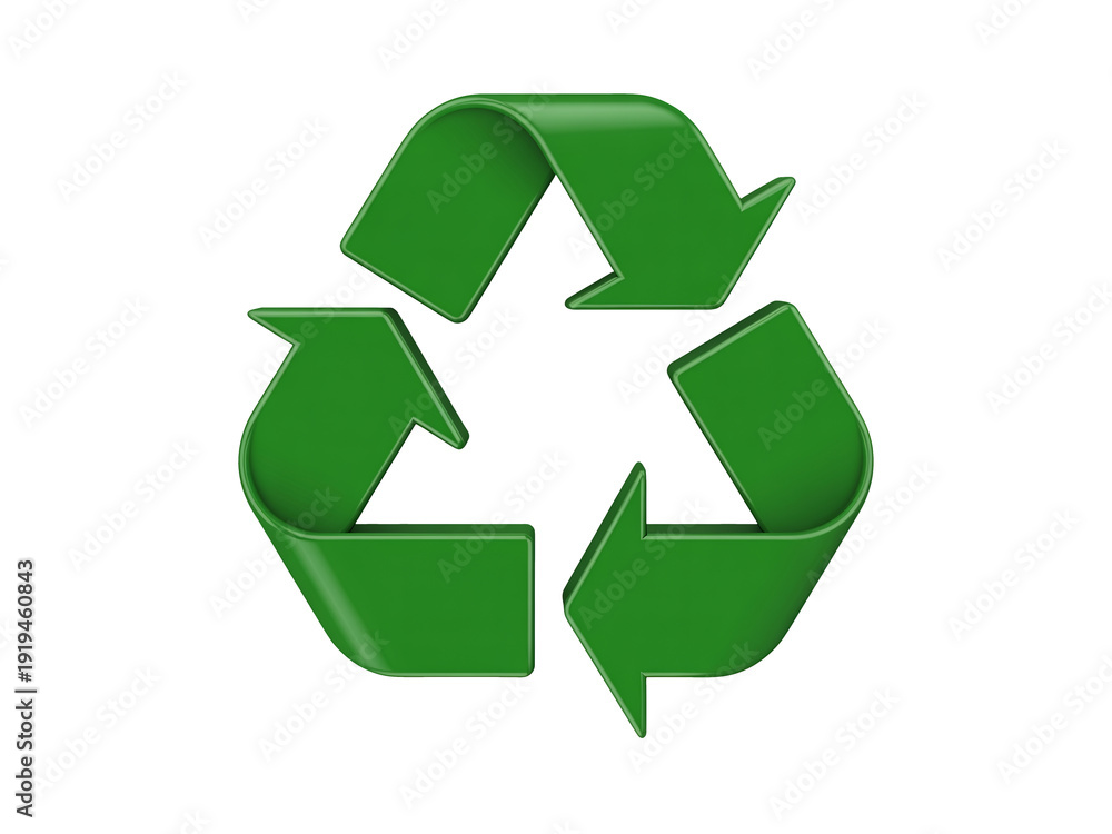 Obraz premium A vibrant green universal recycling symbol in a three dimensional rendering with a glossy finish isolated on a neutral grey background for environmental conservation concepts