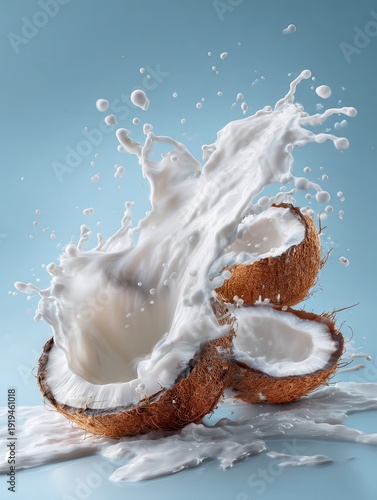 Fresh Coconut Halves with Dramatic Coconut Milk Splash on Blue Background