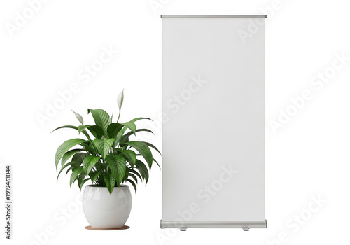 A potted plant next to a white roll-up banner isolated on transparent background