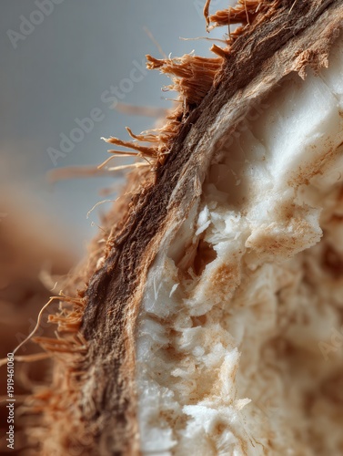 Macro Close Up of Fresh Coconut Half with Fibrous Shell and Creamy White Flesh