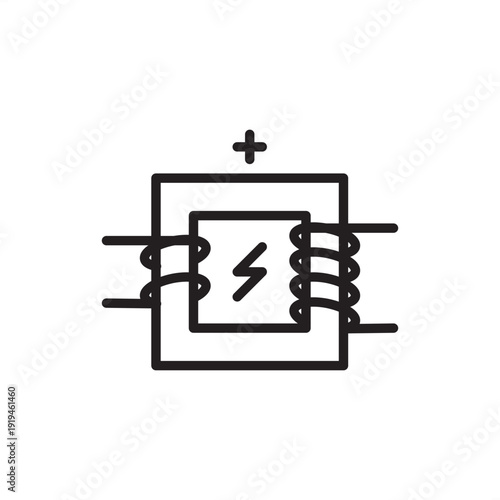 Step-up transformer icon. Voltage elevation, representing secondary winding hardware, electromagnetic induction, grid transmission efficiency, power plant substations, and electrical engineering.