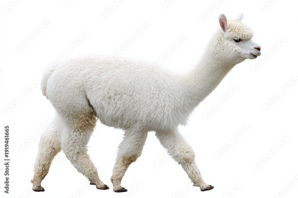 Fototapeta premium White alpaca walking gracefully on plain background