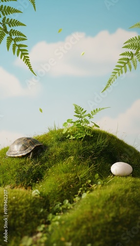 Bright Moss Hill Nature Scene with Turtle
